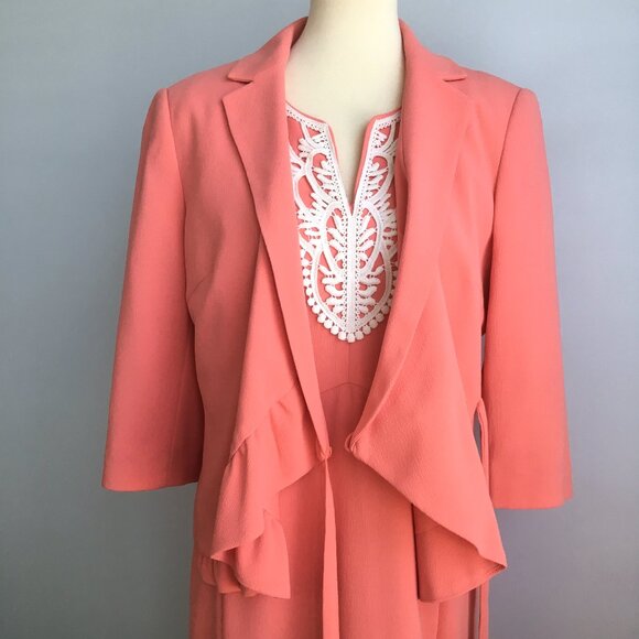 Sharagano Noir Peach Ruffle Wrap Crepe Blazer Suit Jacket 12 V Neck Work - Picture 2 of 11
